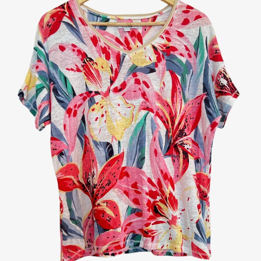 Chico's Linen Slub Tee Size Medium Drop Shoulder Floral Top V-neck Sweater Trim